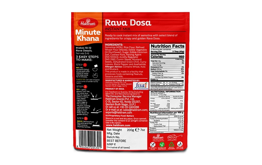 Haldiram's Minute Khana Rava Dosa Instant Mix   Pack  200 grams